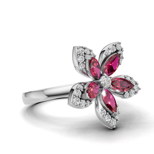 18K Gold Lab Grown Diamond Floral Flower <b>Ring</b> Pink Red Marquise Cut Luxury Statement Cocktail <b>Ring</b> - Product Image 3