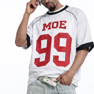 Maillot de football américain unisexe personnalisé en maille blanche, T-shirt streetwear oversize respirant à manches raglan, OEM, vente en gros, sur mesure, USA - Product Image 6