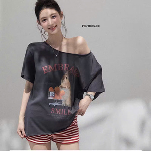Haut à épaules dénudées pour femme en coton biologique 100% certifié GOTS, tricoté, respirant, avec imprimé lapin mignon, manches courtes, fabrication sur mesure OEM ODM - Product Image 3