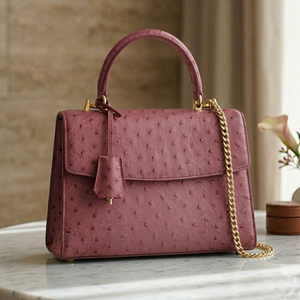 Sac en cuir d'autruche personnalisé classique pour femme, sac à main de luxe en cuir véritable avec poignée supérieure et poche pour téléphone portable, sac portable - Product Image 1