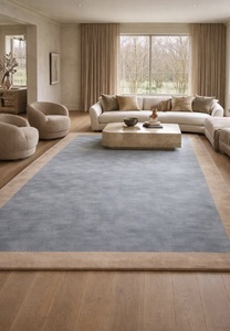 พรมพื้นที่สีน้ำเงินทันสมัยพร้อมขอบสีเบจ – พรมขนนุ่มสำหรับตกแต่งห้องนั่งเล่น ห้องนอน และบ้าน - Product Image 6