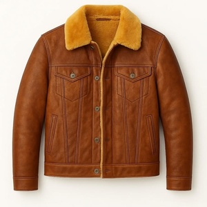 <b>Mens</b> <b>Brown</b> <b>Leather</b> <b>Jacket</b> With Faux Fur Collar Workwear Style Winter Windproof Thick Regular Fit Single Breasted - Product Image 1
