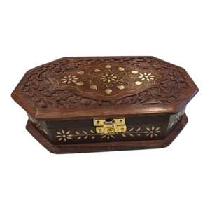 Hand Carved Oriental Wooden Jewelry <b>Box</b> Octagon <b>Storage</b> Case with Brass Inlay Floral Lid <b>Lockable</b> Organizer for Holiday Gift - Product Image 1