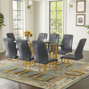 Tavolo da Pranzo Ovale di Lusso in Vetro Temperato da 71 Pollici, Set di Sedie in PU Grigio Scuro di Alta Qualità, Sedute Confortevoli con Doppia Colonna Dorata - Product Image 2