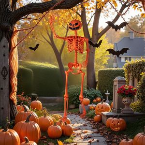 Scheletro di Halloween snodabile da 1,58 m con testa a zucca arancione e articolazioni mobili - Product Image 4
