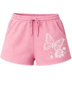 Shorts de Felpa Rosa Personalizados para Mujer con Estampado Floral de Mariposas, Cintura Elástica, Casuales de Verano, Fabricante Personalizado, Suministro al por Mayor OEM - Product Image 1