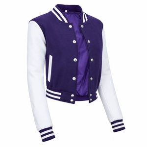 <b>Purple</b> White <b>Varsity</b> <b>Jacket</b> Unisex Preppy Style Stand Collar Regular Fit Button Closure Satin Lining Breathable Front Pocket - Product Image 2