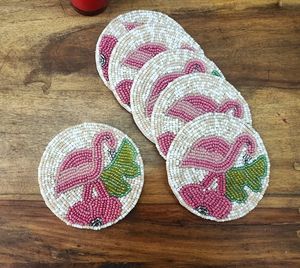 Juego de posavasos con cuentas de cereza y flamenco rosa, posavasos de flamenco rosa, posavasos con cuentas de cereza, posavasos artesanal para bebidas, posavasos redondo con cuentas, estilo tropical - Product Image 4