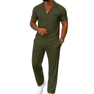 Ensemble assorti deux pièces pour homme en coton léger et respirant, chemise à manches courtes et pantalon coupe décontractée, idéal pour les vacances - Product Image 3