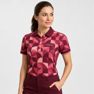 Polo à manches courtes pour femme avec logo personnalisé, motif géométrique bordeaux et rose, séchage rapide, sublimation, vêtements de sport de golf - Product Image 1