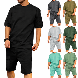 Ensemble T-shirt et short d'été pour homme, 100 % coton éponge, imprimé par transfert thermique, logo personnalisé sur le devant, style décontracté - Product Image 1
