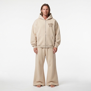 Conjunto de dos piezas de chándal de algodón con forro polar para hombre, con sudadera con capucha de corte oversize y hombros caídos, y joggers de pierna ancha de ajuste holgado. - Product Image 5