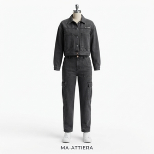 <b>Women</b> Black Denim Jacket Cargo <b>Jeans</b> Set <b>Cropped</b> Button Front Jacket High Waist Multi Pocket Pants Two Piece Outfit - Product Image 3