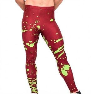 Leggings de Compresión Largos para Hombre, Rojos con Estampado de Salpicaduras Verdes, Cintura Elástica, Spandex, Poliéster - Product Image 1