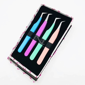 4 pinces à cils avec revêtement en poudre, 3 pointes différentes, pinces à pointe fine argentées / couleur personnalisée, emballage en boîte de 4 pièces - Product Image 3