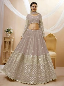 Elegant Grey Chiffon Bridesmaid Lehenga With <b>Sequined</b> Embroidery A-Line Floor-Length <b>Crop</b> <b>Top</b> Dress Long Sleeve Scoop Neck - Product Image 1