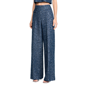 High Waist Straight Leg <b>Wool</b> Nylon Trousers Smart Casual Autumn Woven Midweight Elastic Waist Flat Front Blue - Product Image 1
