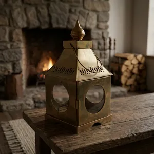 ARTISAN DESIGN Square <b>Brass</b> <b>Lantern</b> with Glass Panels Durable Home Decoration Candle Holder - Product Image 4