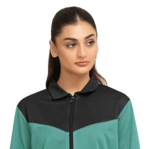 Veste de survêtement zippée intégrale pour femme, vert sarcelle et noir, col montant, manches longues, style décontracté, sportswear et activewear - Product Image 2