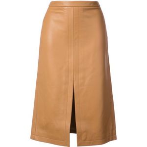 Jupe midi droite en similicuir pour femme avec fente avant, design minimaliste, couleur beige, taille normale, à porter toute l'année - Product Image 1