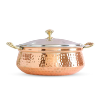Modernes Aluminium-Kadhai/Wok mit gehämmertem, poliertem Design, Kupferboden, gas- und induktionsgeeignet, Glasdeckel mit Messingknopf, umweltfreundlich