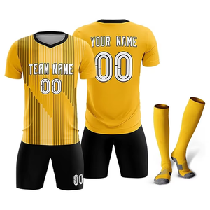 Maillot de football personnalisé pour homme, jaune et noir rayé, col en V, manches courtes, impression sublimée, évacuation de l'humidité, coupe athlétique - Product Image 1