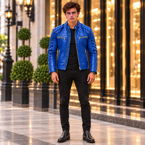 <b>Mens</b> <b>Blue</b> for Embossed Cow Skin Stand Slim Fit Motorcycle Jacket Breathable Custom OEM Luxury Fashion Outerwear - Product Image 2