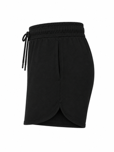 Shorts noirs taille haute pour femmes avec logo brodé, fermeture à cordon, coupe décontractée et sportive, style classique, couleur unie - Product Image 5