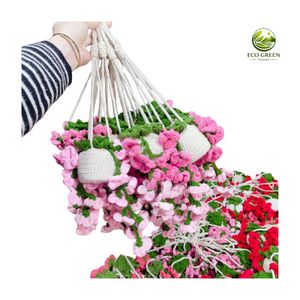 Handmade Crochet Hanging Blossom Flower Basket Decorative Knitted Planter Wall <b>Ornament</b> for Housewarming Birthday Gift Ideas - Product Image 1
