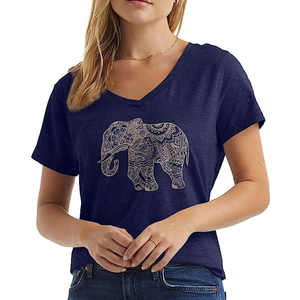 T-shirt pour femme en coton 100% à col en V, imprimé éléphant, décontracté, printemps, écologique, séchage rapide, respirant, tendance - Product Image 2