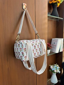 Handmade Blockprinted Quilted Cotton Duffle <b>Bag</b> Gray Floral Print Detachable Long Belt Handprint Weekender Large Luxury Casual - Product Image 3