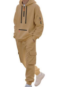 Men's Casual Sports Suit Terry Fabric 100% Cotton Breathable Knitted 300g Solid Multi Pocket Fashionable Hooded Two-Piece Set - Product Image 6