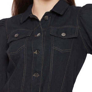 Blazer de Mezclilla Oscuro para Mujer, Manga Larga, Cuello Camisero, Cierre de Botón, Corte Corto, Color Sólido, Chaqueta de Otoño - Product Image 3
