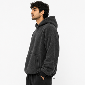 Custom Mens Charcoal <b>Sherpa</b> Hoodie Oversized Heavy Fleece Pullover Winter Hooded Sweatshirt OEM Supplier - Product Image 3