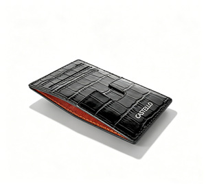Portefeuille porte-cartes en cuir véritable Castello, fin, avec logo gaufré, fermeture ouverte, pour usage professionnel et décontracté - Noir, Bleu marine, Rouge, Vert - Product Image 2