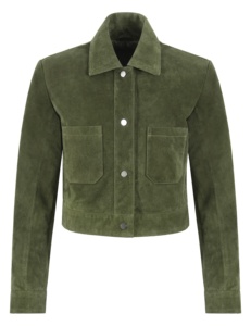 Women's Olive Green <b>Suede</b> Trucker <b>Jacket</b> Full Sleeve Turn down Collar Button Closure Short Length Autumn Style - Product Image 1