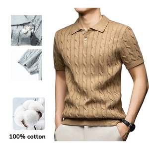 เสื้อโปโลถักสำหรับผู้ชาย แขนสั้น ผ้าฝ้าย ลายถักแบบเคเบิ้ล คอปกพับได้ สไตล์เรโทร ลำลอง ธุรกิจ - Product Image 1