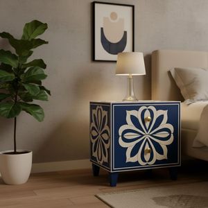 Mesita de noche decorativa de lujo con incrustaciones de hueso, hecha a mano, de madera, para decoración de interiores de primera calidad. - Product Image 1