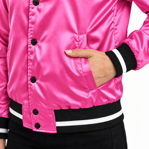 Chaqueta Varsity Rosa de Satén para Mujer, Manga Larga, Cuello Camisero, Ribete en Contraste, Resistente al Viento, Transpirable, 100% Poliéster - Product Image 4