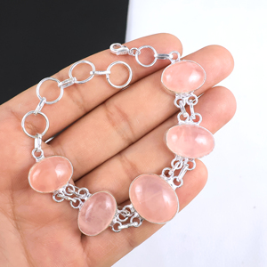 925 Sterling Silver Plated Rose Quartz Link <b>Bracelet</b> Handcrafted Natural Gemstone Oval Stone Chain <b>Bracelet</b> Jewelry for Women - Product Image 1