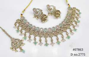 Collier Mehendi Jewelry sert 07863 Polki Kundan, bijoux aspect émeraude, bijoux de mariée pakistanais pour mariage et fêtes, pour femmes. - Product Image 5