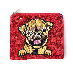 Pug Dog Beaded Pouch Sequin Zipper Clutch <b>Red</b> Pet Lover <b>Purse</b> Cute Animal Gift Unisex Accessory Trendy Fashion Storage Export - Product Image 1