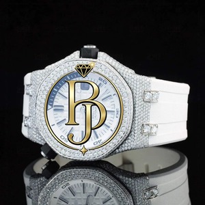 Briva Jewels BJ-08 Unisex Japanese Mechanical <b>Watch</b> Rubber Strap Analog White <b>Gold</b> Tone Moissanite 41mm Stainless Steel Case - Product Image 2