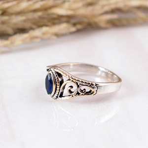 Handmade <b>925</b> Sterling <b>Silver</b> Blue Sapphire Bezel Setting <b>Ring</b> <b>with</b> Oxidized Vintage Leaf Design Band for Party Occasions - Product Image 3