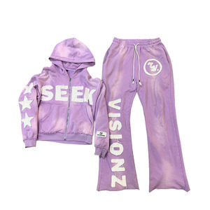 Conjunto Deportivo Y2K Morado para Niñas, Sudadera con Capucha y Cremallera Completa con Estampado Seek y Pantalones Visionz, Algodón Transpirable, Corte Holgado, Ropa de Primavera - Product Image 1