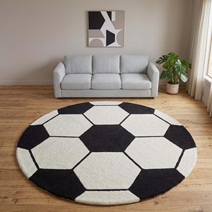 Kids Soccer Ball <b>Round</b> Area <b>Rug</b> Black <b>White</b> Football Pattern Hand Tufted Wool Carpet Playroom Bedroom Nursery Decor Soft - Product Image 6