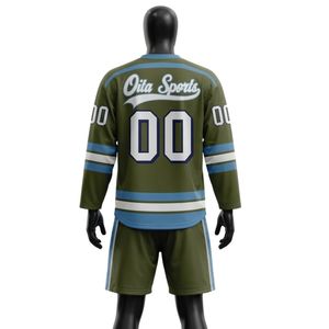 Ensemble short et maillot de hockey sur glace sublimé vert olive pour hommes, en polyester, col en V, uniforme de sport imprimé, tenue d'entraînement et de compétition - Product Image 2