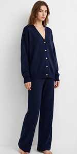 Conjunto de Cárdigan Azul Marino con Cuello en V y Pantalones Anchos para Mujer, Traje Casual con Botones y Manga Larga - Product Image 3