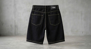 Shorts en jean délavé foncé pour homme, taille haute, coupe droite, décontracté, été, en coton, style baggy, avec poches et surpiqûres - Product Image 2