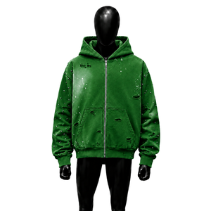 100% Soft COTTON Green Men's Hoodies Oversized Streetwear <b>Style</b> With <b>Spray</b> Printing And Distressed Details Regular Sleeve French - Product Image 1